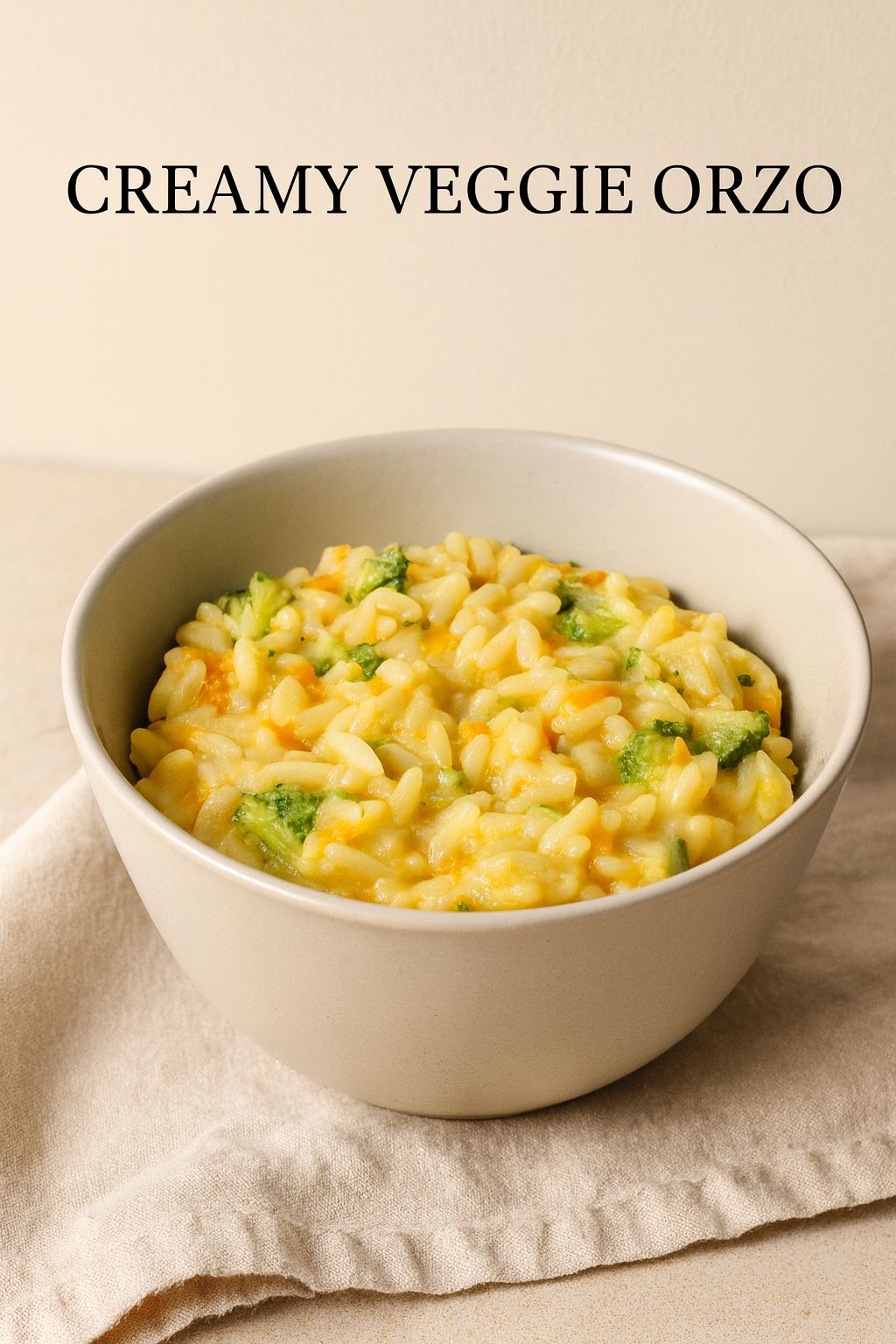 Creamy veggie orzo in a bowl