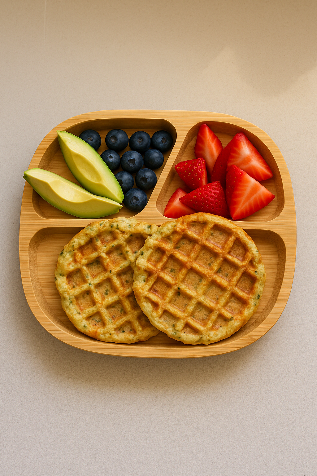 Mini broccoli waffles on a bamboo baby plate