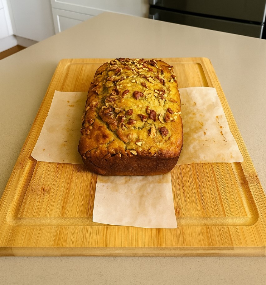 Banana Date Loaf topped with pecans