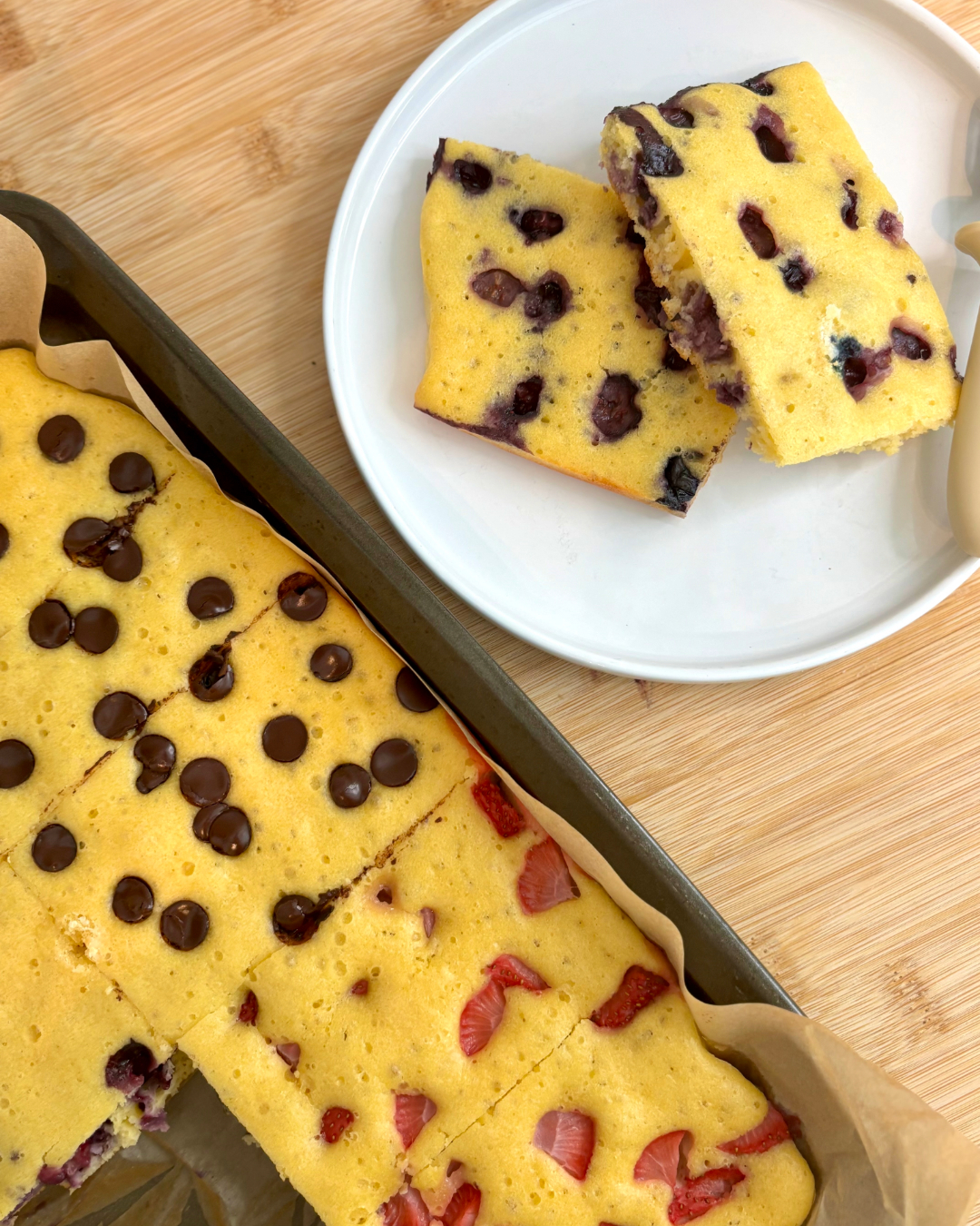 High protein sheet pan pancakes on a baking tray