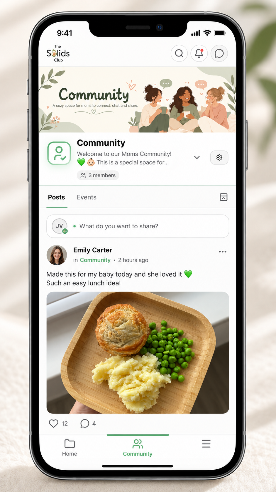 Illustrative preview of The Solids Club community, showing an example mom sharing a baby meal